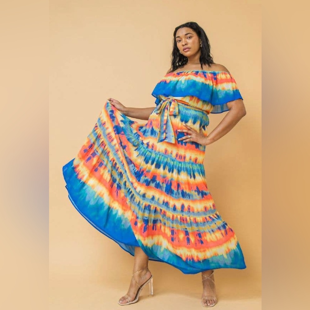 Blue Coral Flounce Neckline Maxi Dress, Sizes 1X - 3X